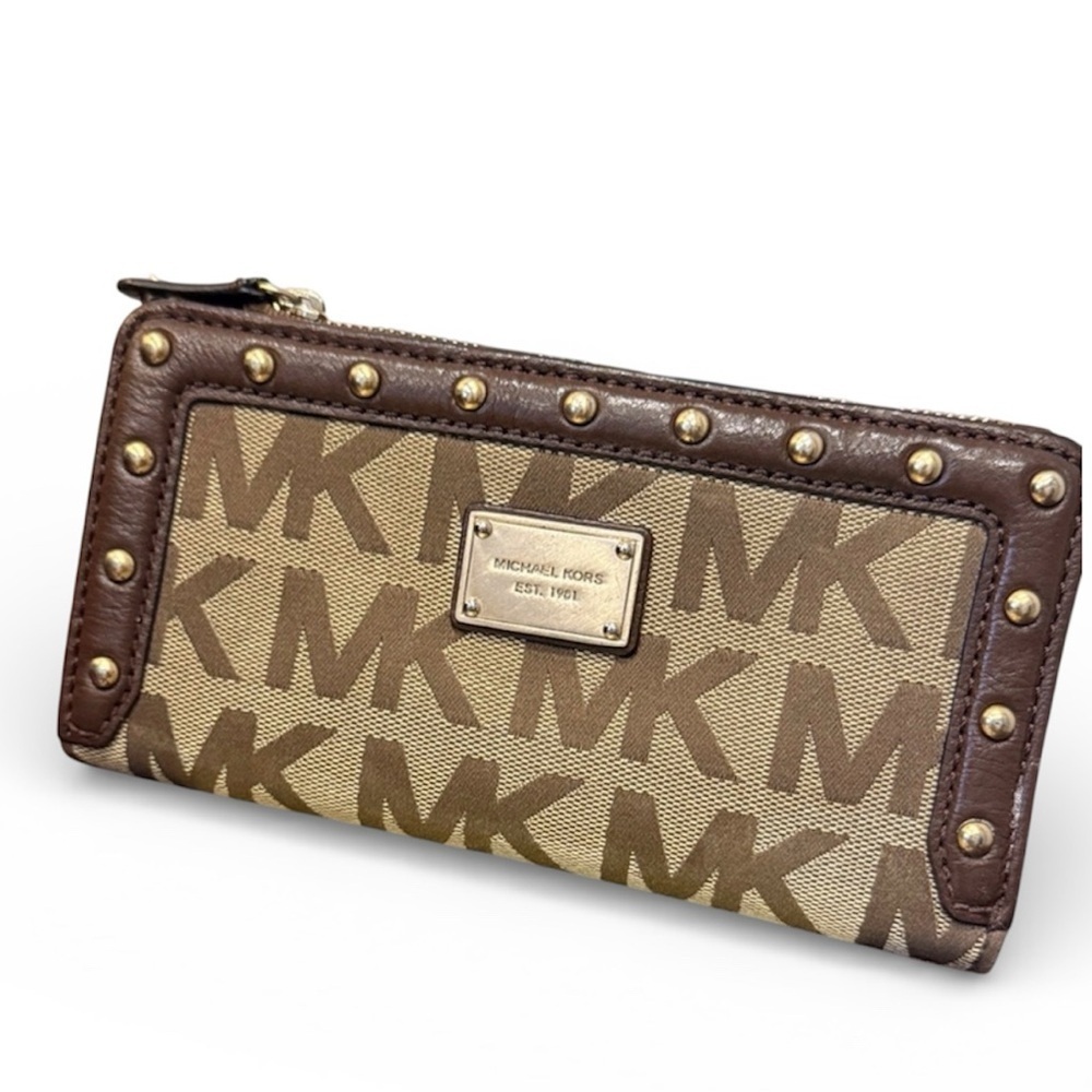 Michael Kors Monogram Brown Tan Wallet big valley studded clutch MK designer